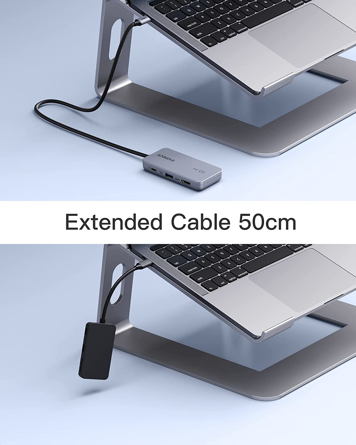 Zwei Laptops auf einem silbernen Laptop-Ständer. Ein Kabel und ein schwarzer Hub befinden sich auf dem Ständer. Text: Erweitertes Kabel 50 cm.