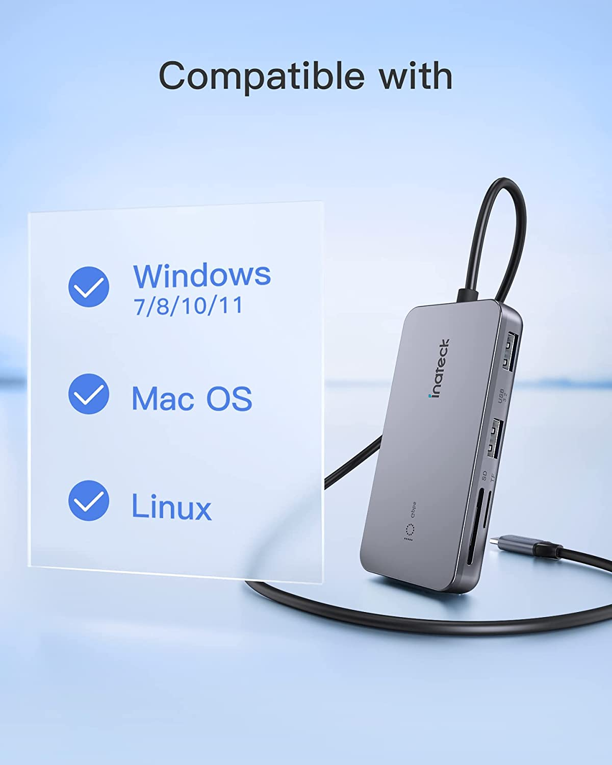 Ein grauer USB-C-Hub mit Kabel und Logos neben Software-Kompatibilitäts-Icons.