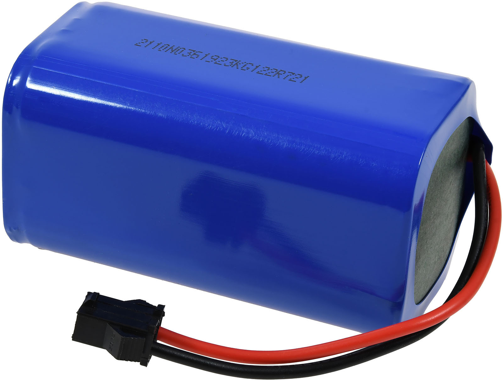 Blaue Batterie mit schwarzen und roten Drähten, schwarzer Stecker.