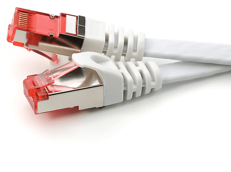 CSL 0,25m Flachband Patchkabel Cat7 FTP weiß-roter Stecker, weiß LAN Kabel, weiß