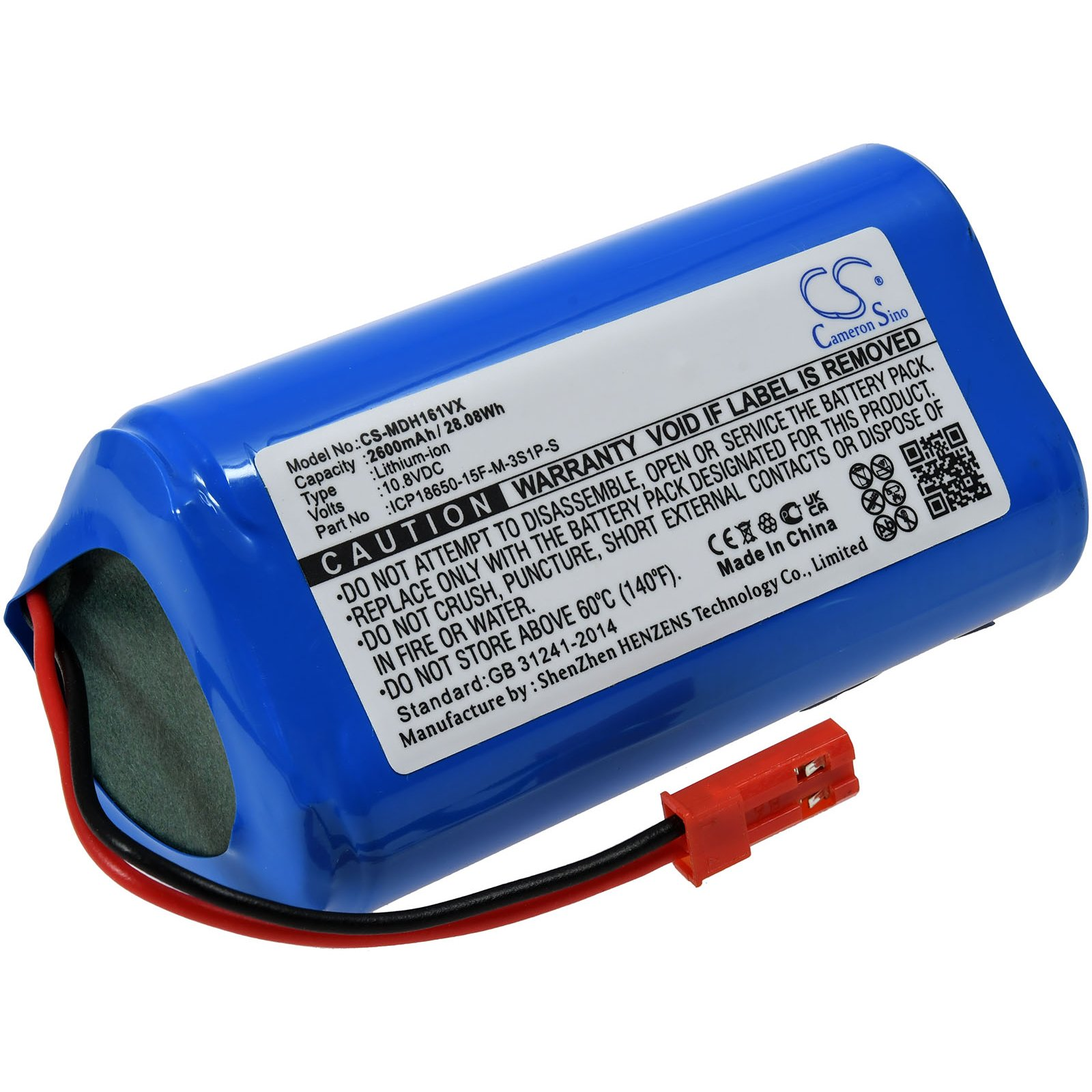 Blaue zylindrische Batterie mit roten und schwarzen Drähten.