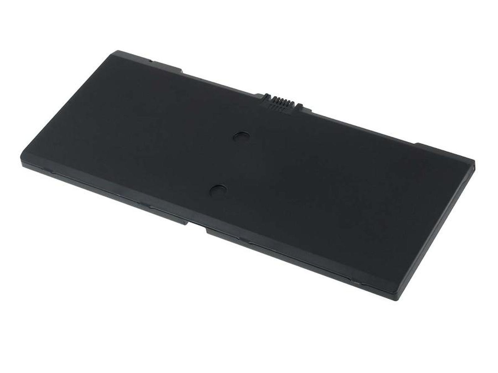 Batería negra, rectangular, diseño simple. Tiene dos pequeños agujeros en la superficie superior.
