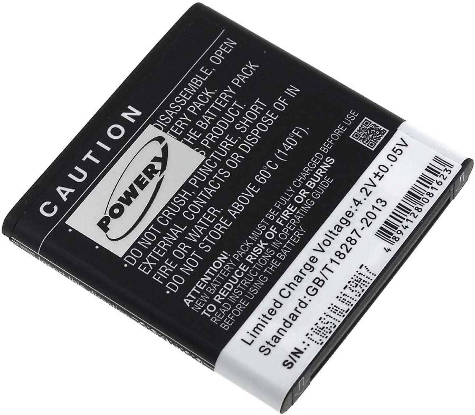 Batería negra con texto blanco y rojo, etiquetas de advertencia. Tiene un código de barras y número de serie.