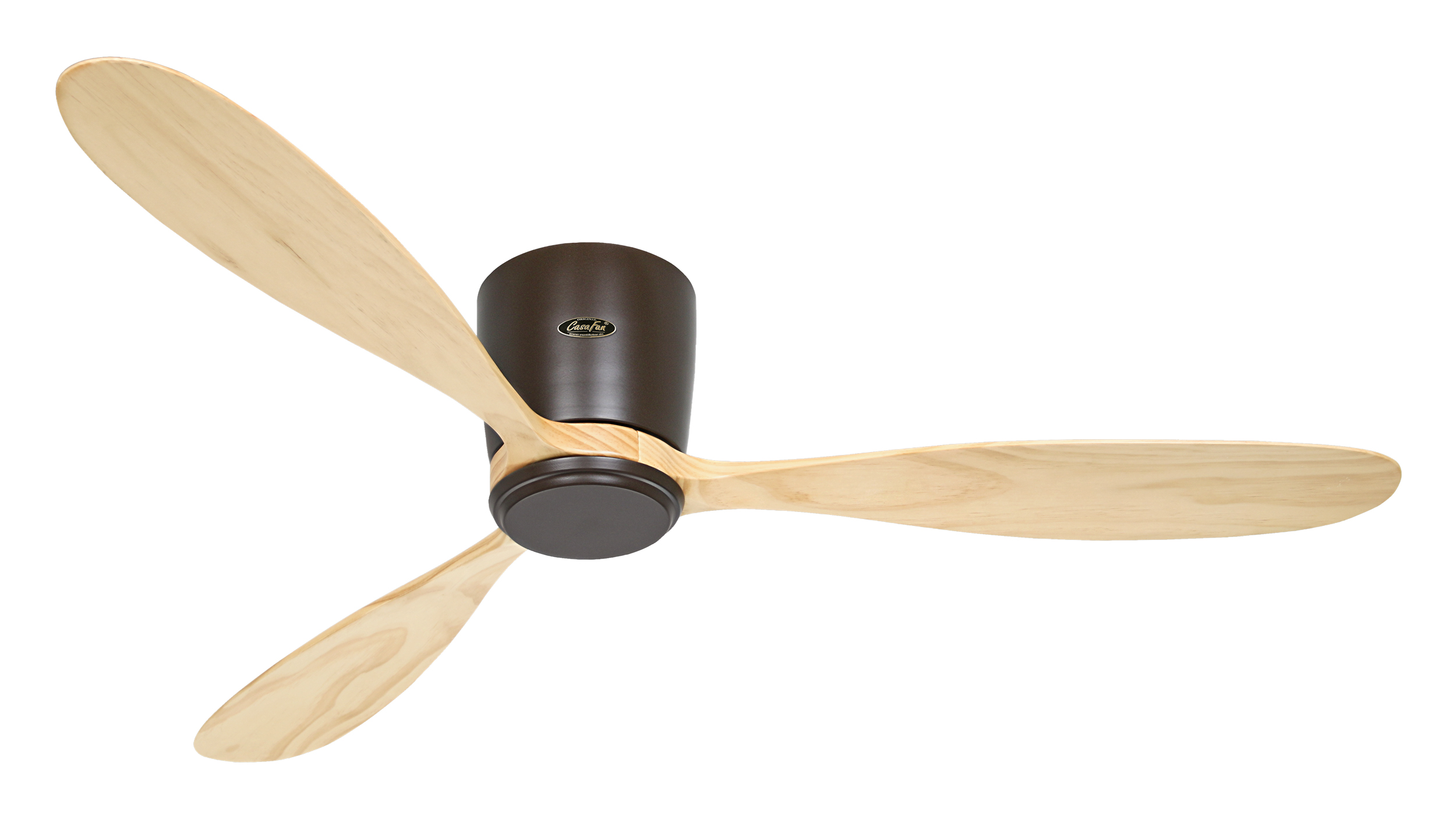 Ein Deckenventilator mit drei Holzflügeln und einem dunkelbraunen Motorgehäuse.