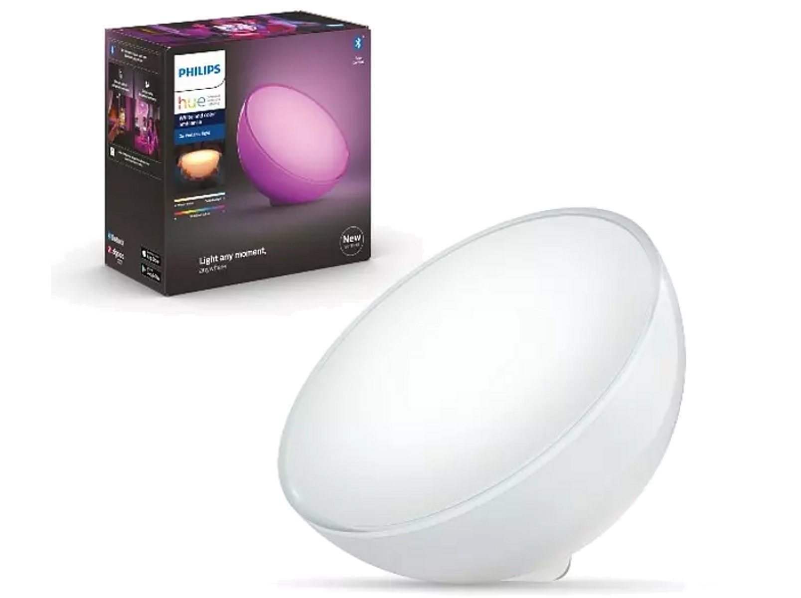 Lampa i pudełko Philips Hue. Lampa jest biała i owalna. Pudełko jest czarne i fioletowe.