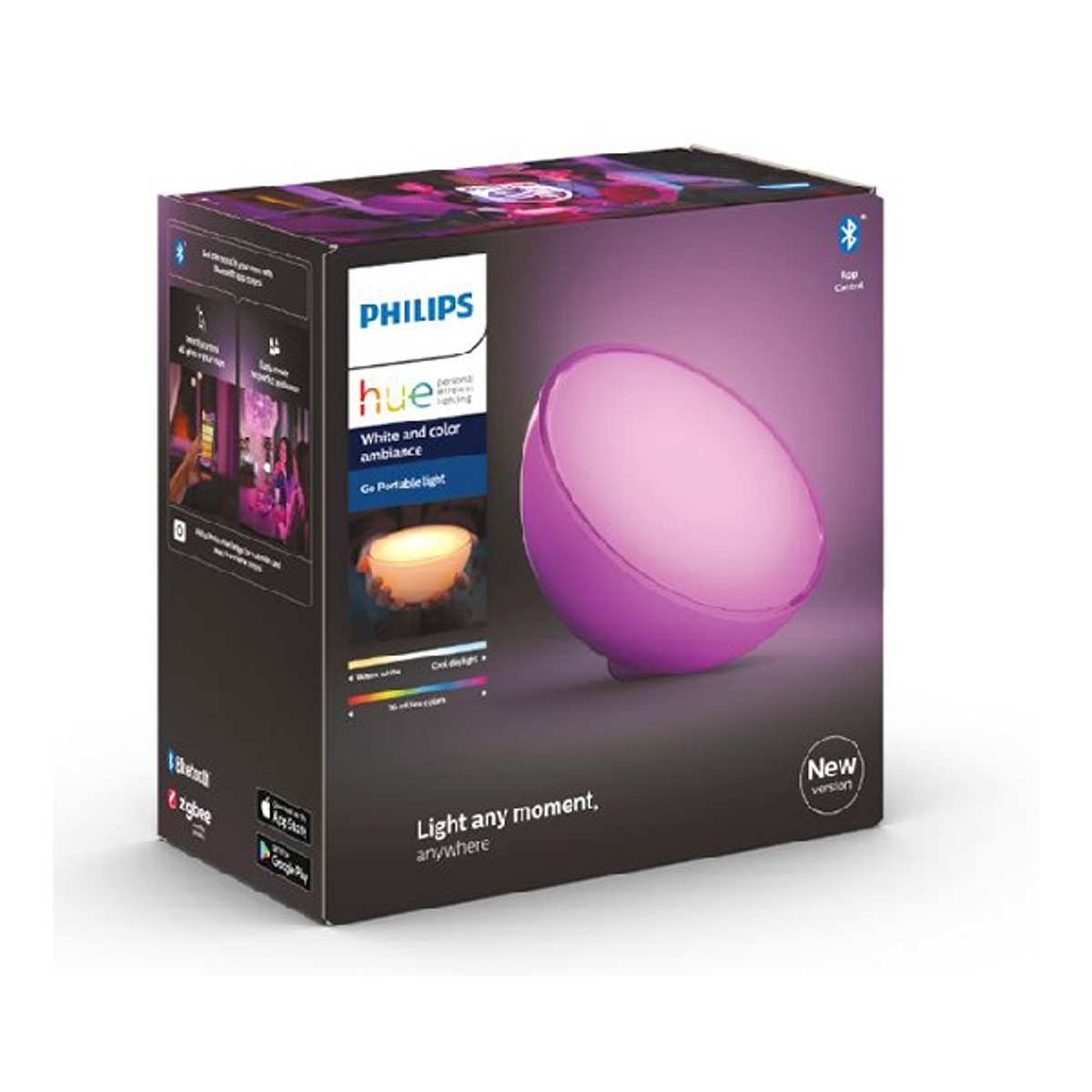 Pudełko z lampą Philips Hue w środku. Pudełko jest czarne z fioletowymi akcentami.