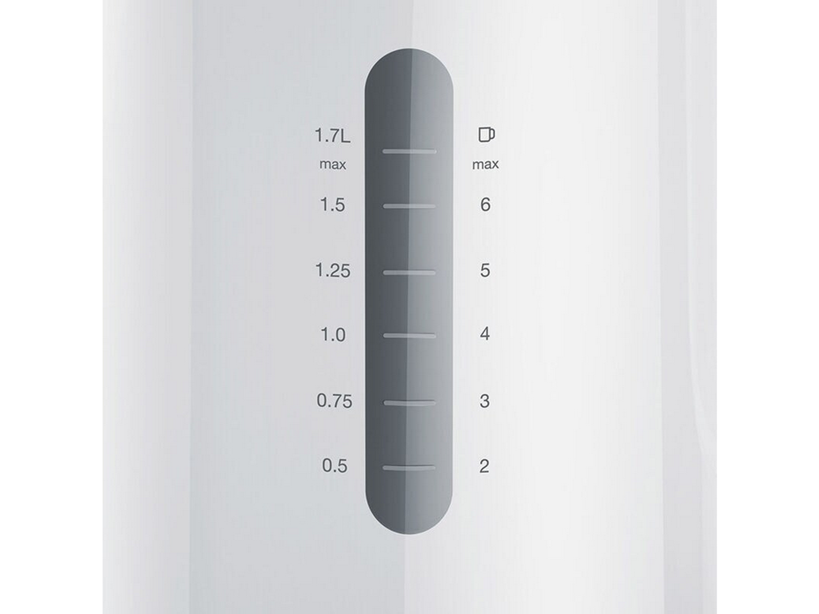 Weiße Wasserstandsanzeige an einem Wasserkocher mit Markierungen von 0,5L bis 1,7L.