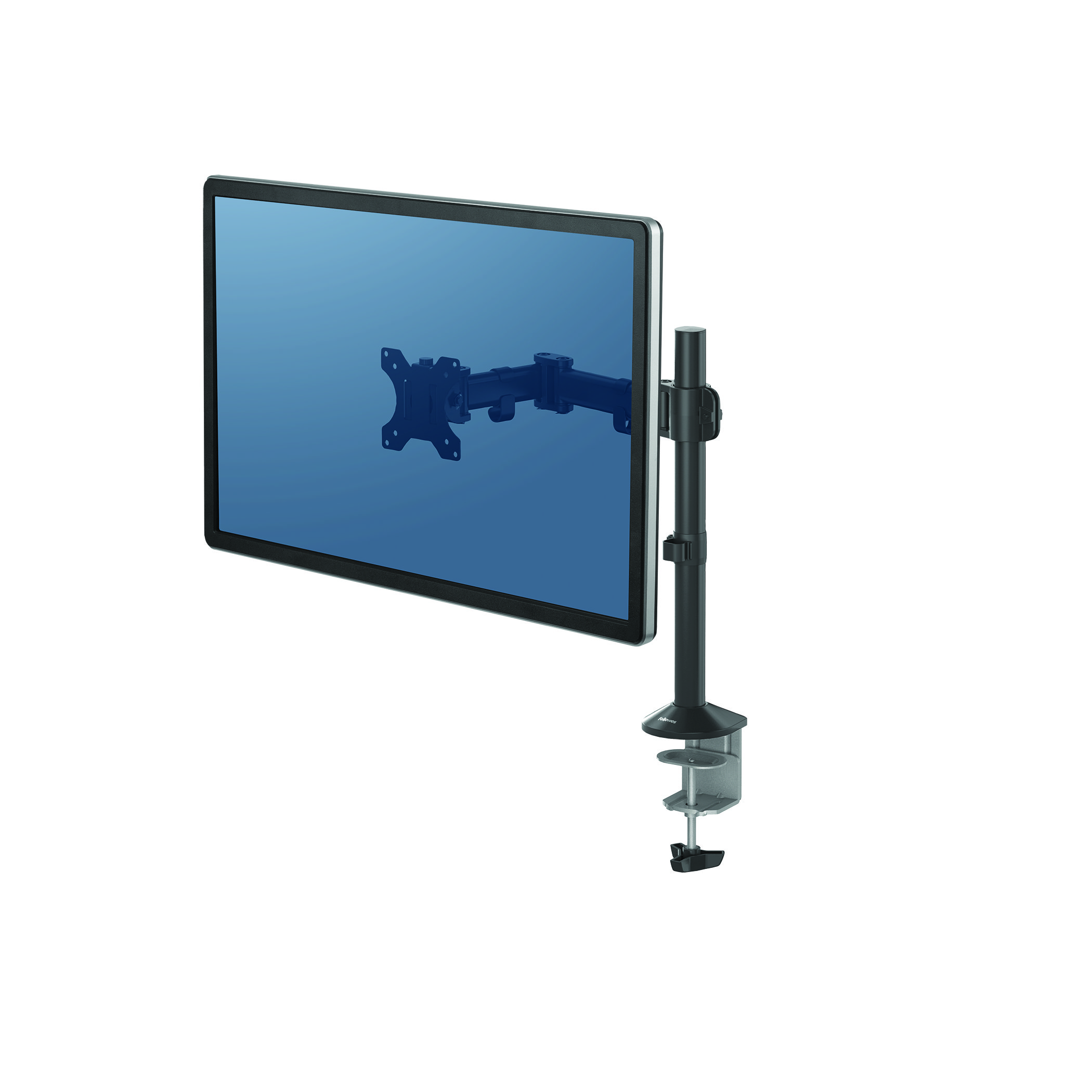 Monitor komputerowy zamontowany na czarnym ramieniu. Ramię jest przymocowane do zacisku biurkowego.