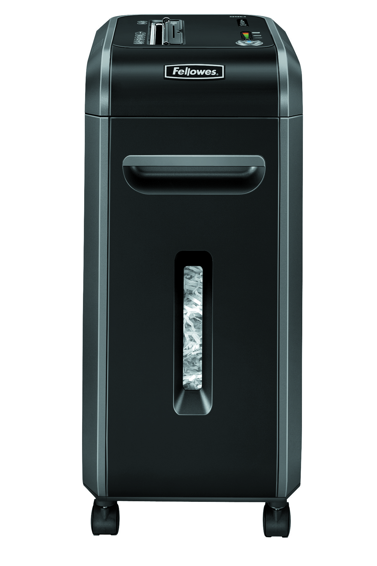 Czarna niszczarka do papieru z widocznym oknem rozdrobnionego papieru, na kółkach, z logo Fellowes.