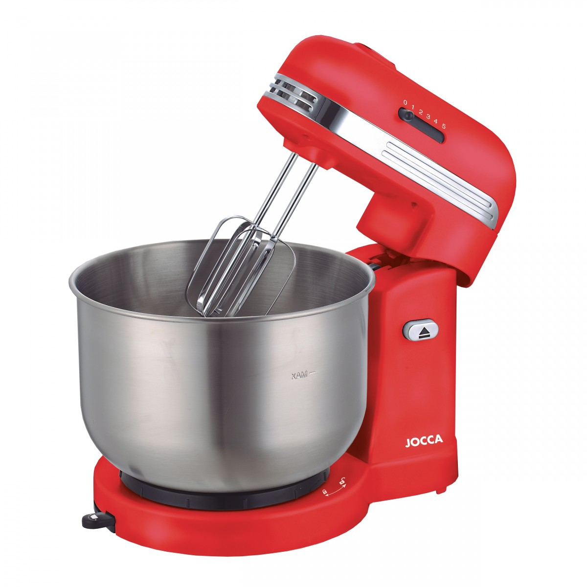 Roter Küchenmixer mit silberner Schüssel und Schneebesenaufsatz.