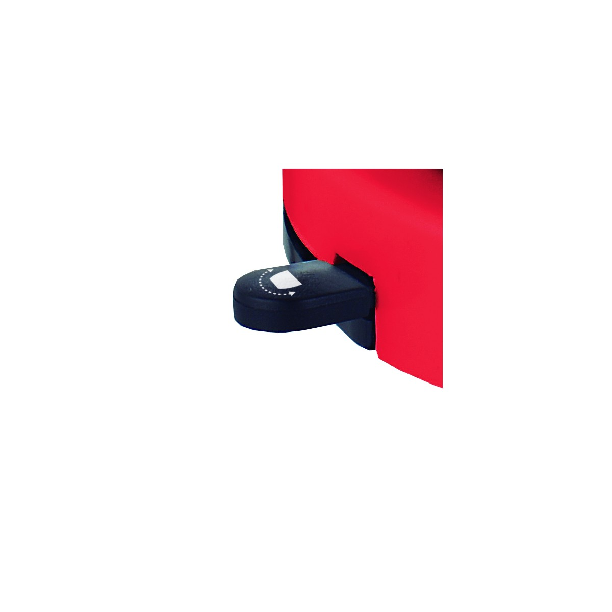 Roter Gegenstand mit schwarzem Knopf. Der Knopf hat einen weißen Pfeil, der nach links zeigt.