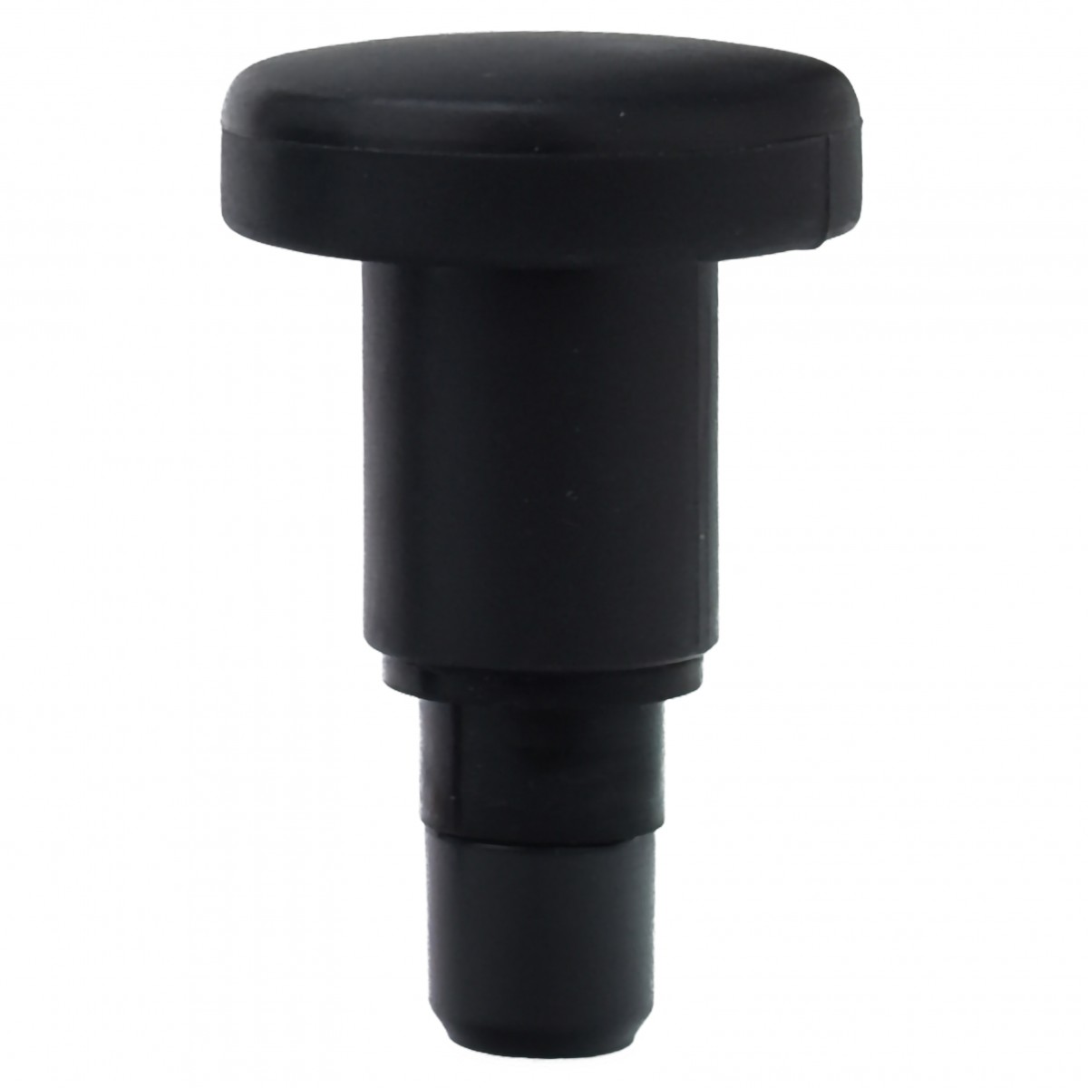 Tapón de goma negro sobre un fondo blanco. Tiene una parte superior ancha y una parte inferior estrecha.