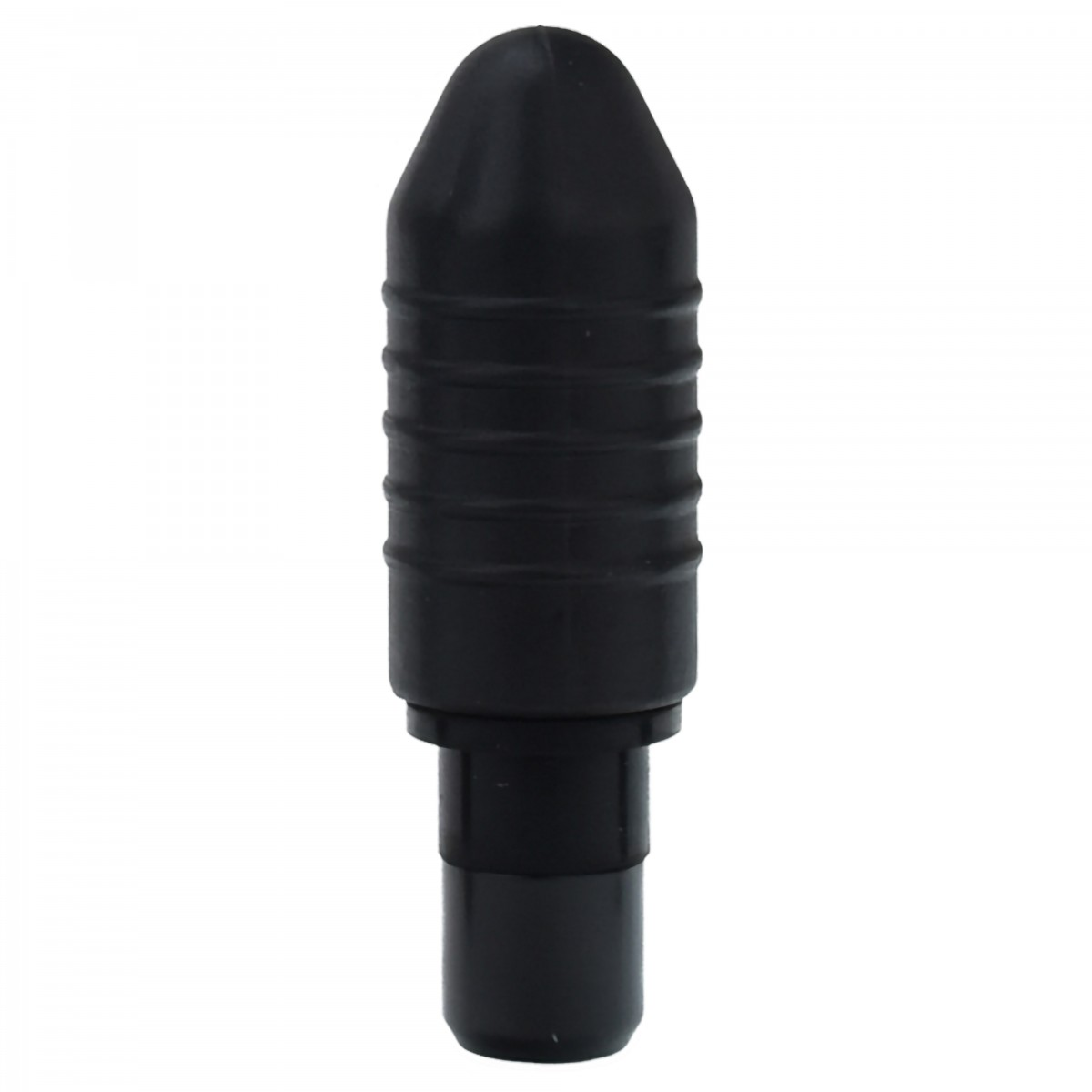 Un accesorio de masaje negro en forma de bala. Tiene una parte superior redondeada y una base cónica.