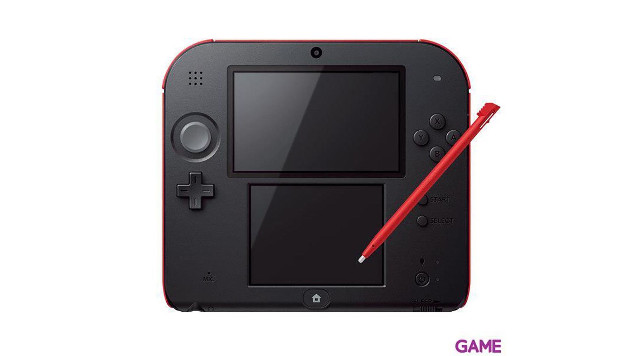 Rode en zwarte Nintendo 2DS. Een rode stylus is zichtbaar. Het scherm toont de tijd. Witte achtergrond.