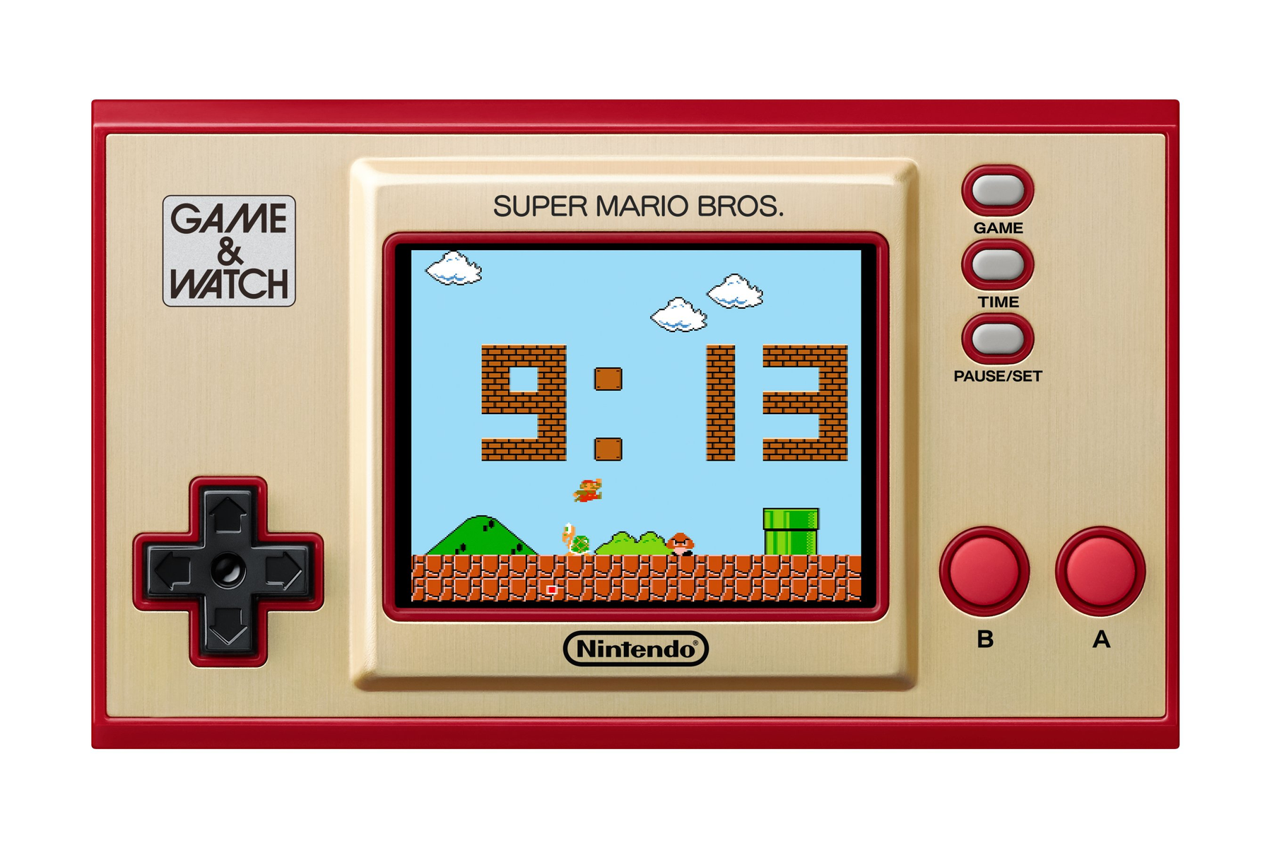 Consola Game & Watch jugando Super Mario Bros. en su pantalla. Muestra un nivel y la hora.