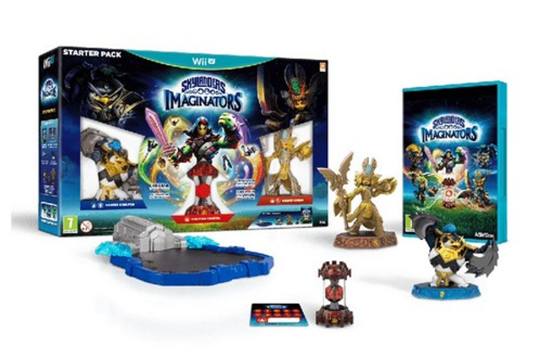 Un pack de inicio de Skylanders Imaginators con figuras y un juego. La caja es colorida y muestra personajes.
