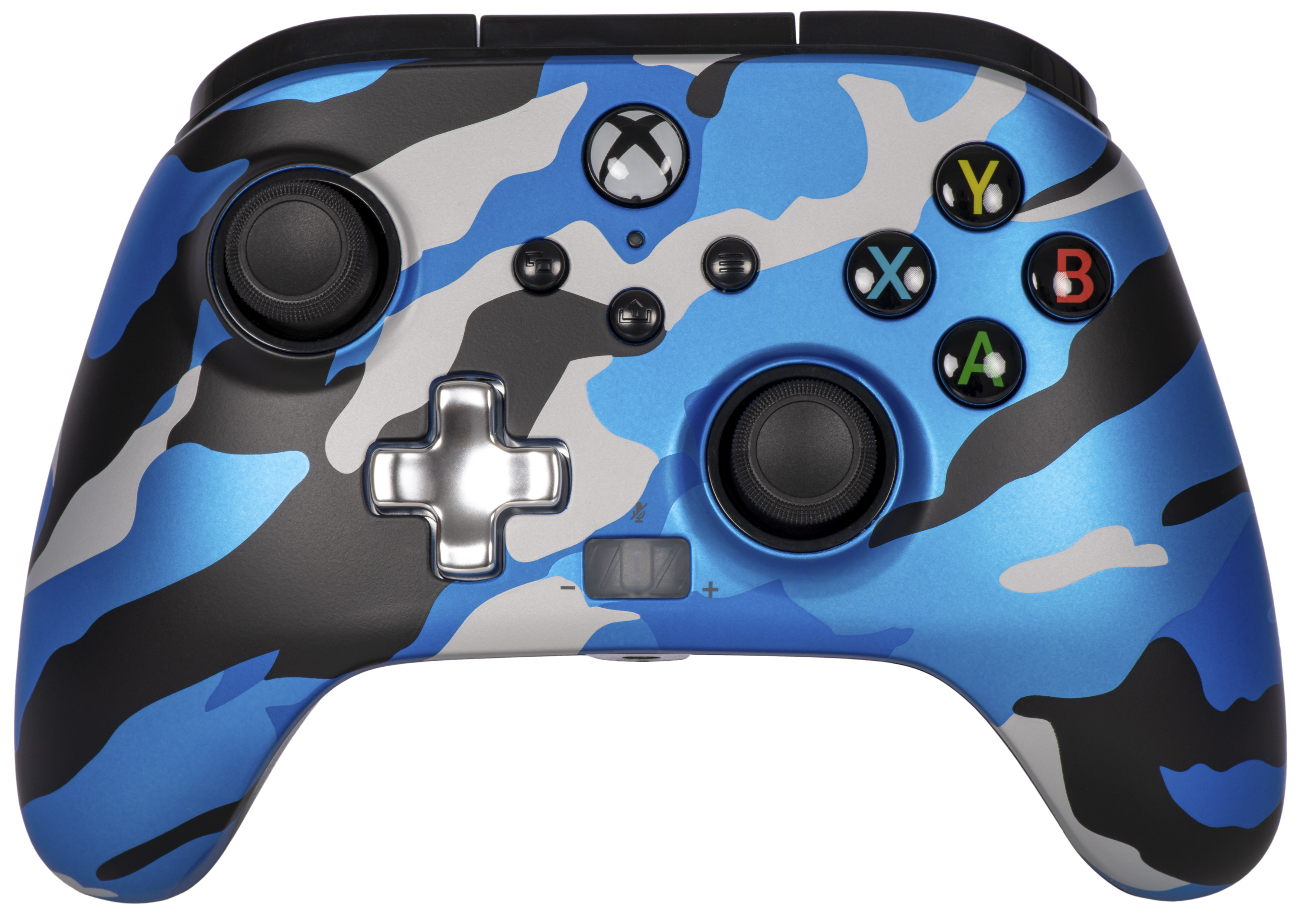 Controller Xbox mimetico blu, nero, grigio con pulsanti A, B, X, Y e D-pad.