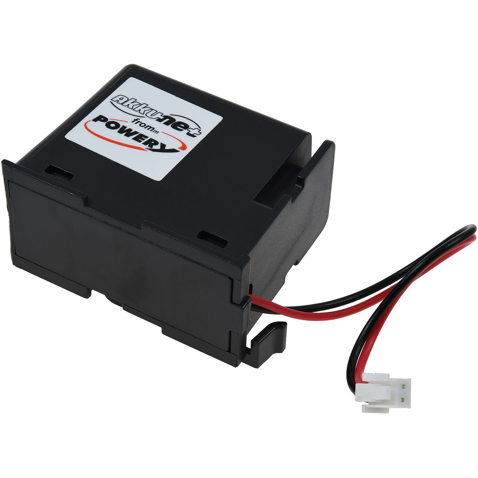 Eine schwarze Batterie mit roten und schwarzen Drähten und einem weißen Stecker. Ein weißes Etikett ist drauf.