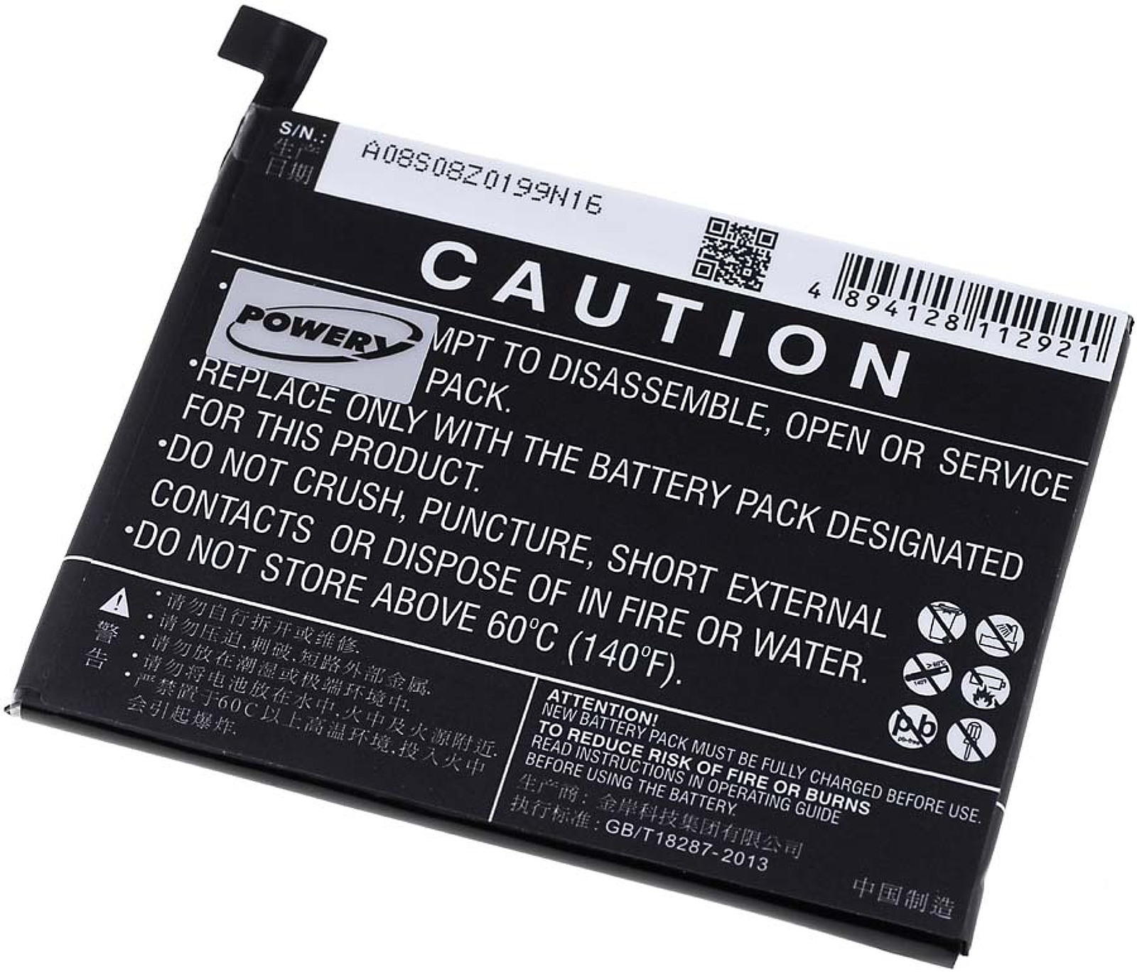 Schwarze rechteckige Batterie mit weißem Text, einschließlich einer Warnung vor der Demontage.