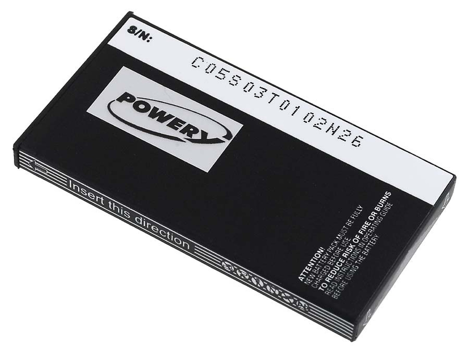 Batería rectangular negra con etiqueta blanca y texto.