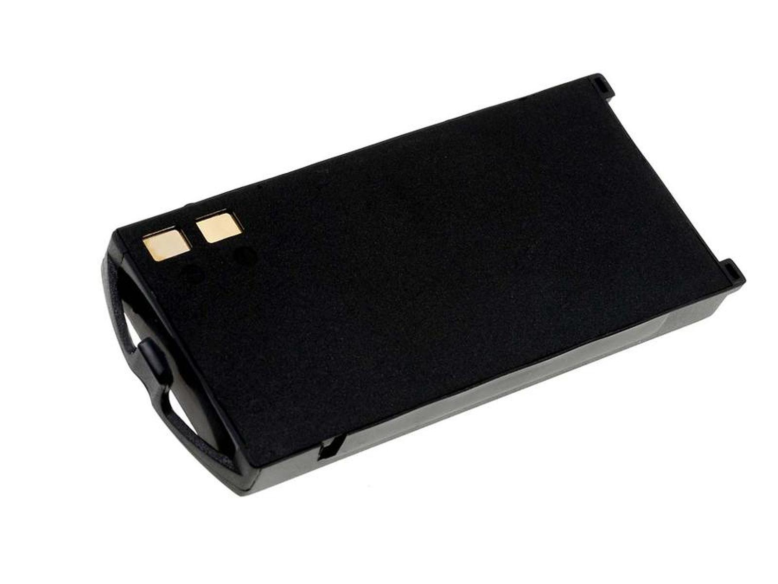 Batería rectangular negra con dos contactos dorados. Asa curva a la izquierda. Fondo blanco.