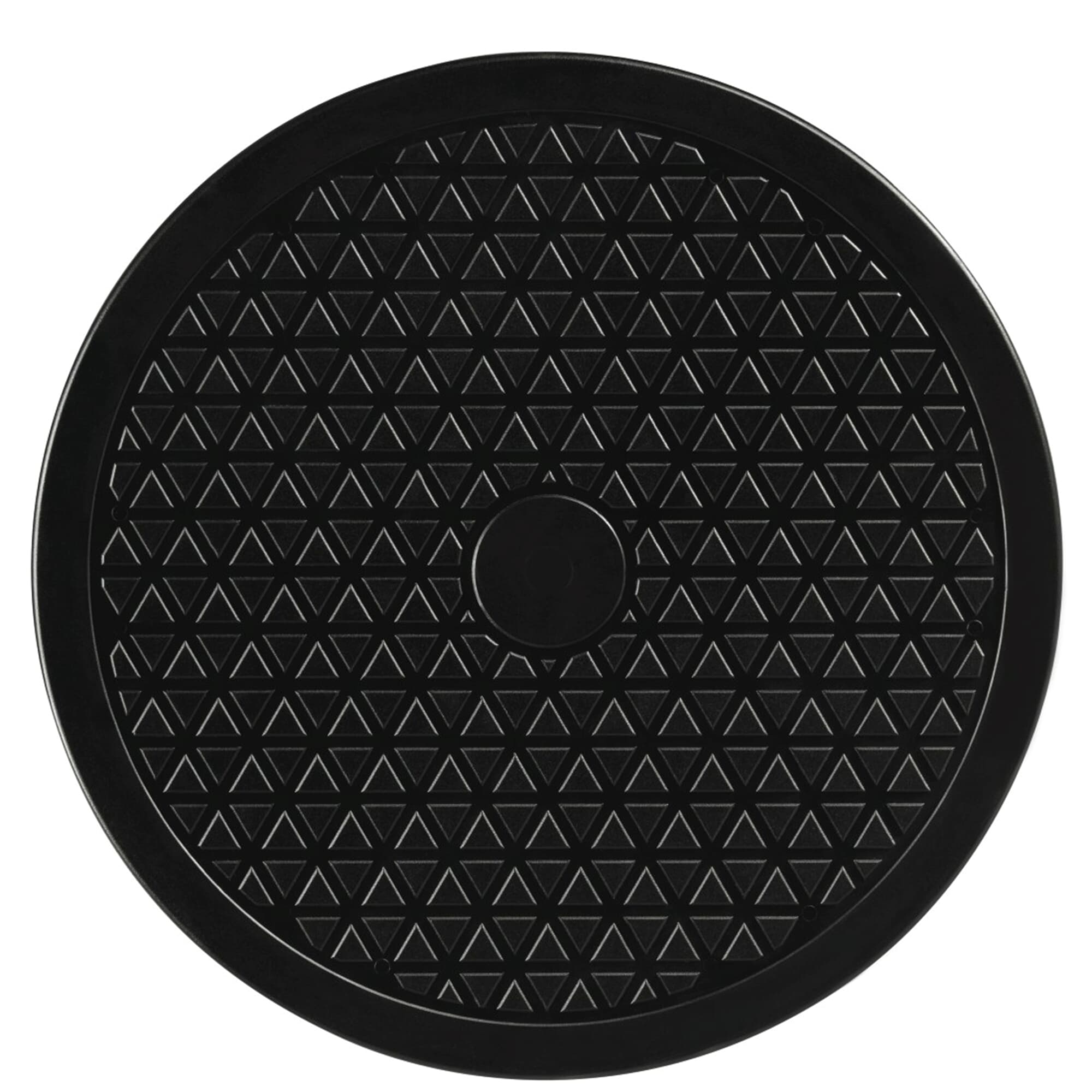 Ein schwarzer, kreisförmiger Tablett mit geometrischem Design. Es hat eine kleine zentrale Erhebung.