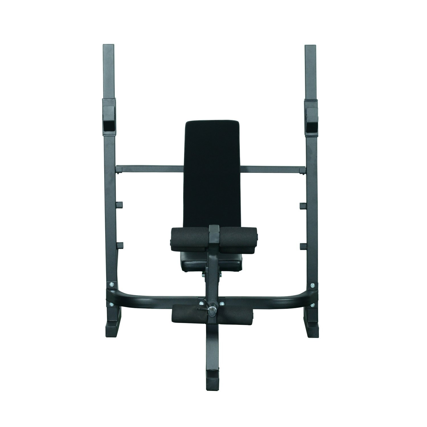 Un banco de entrenamiento con un soporte para barra, en negro.