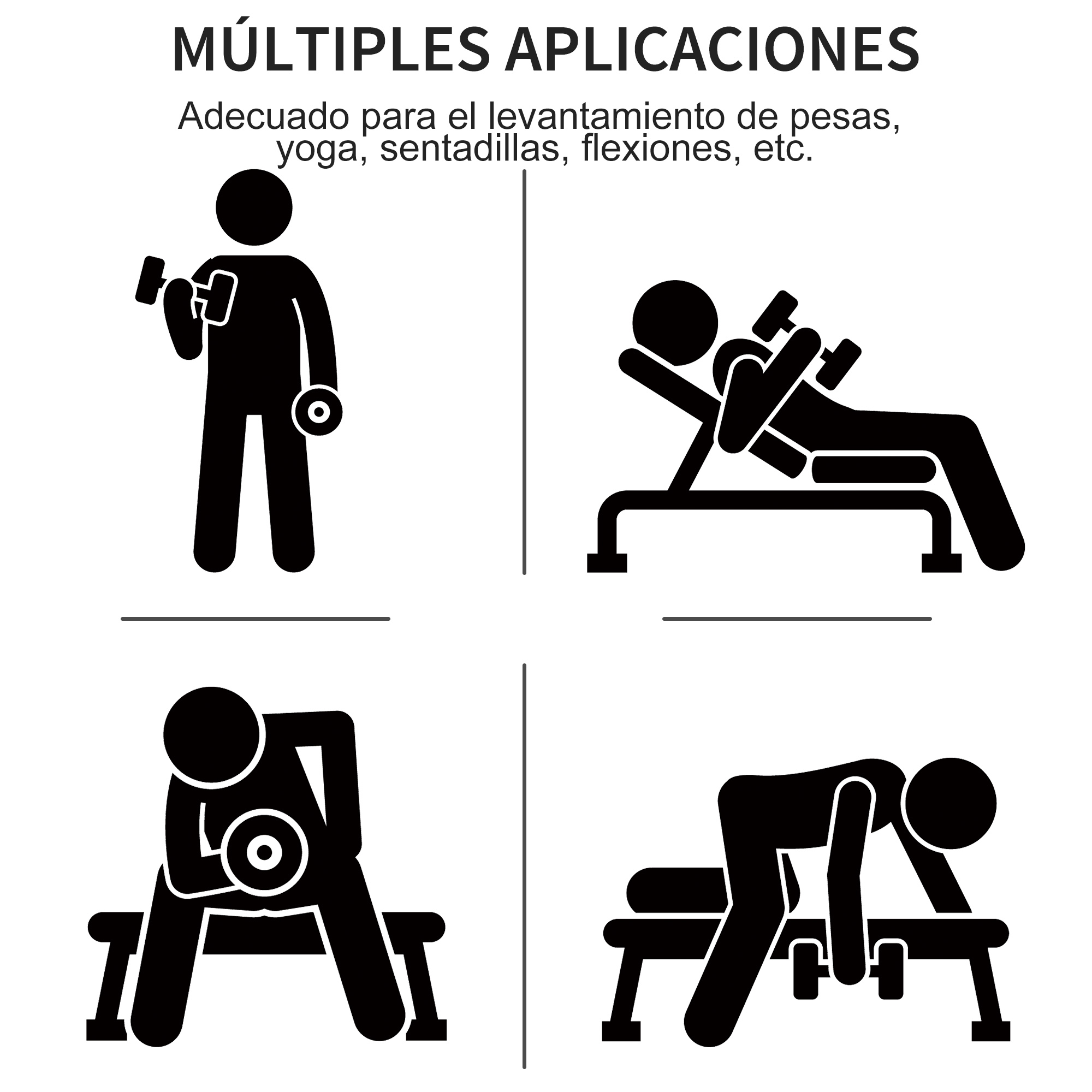 Diagrama de figuras de palo haciendo ejercicio con pesas, destacando ejercicios.