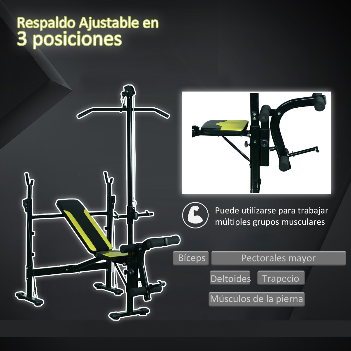 Equipo de fitness con texto en español. Incluye banco, barra de dominadas e imágenes.