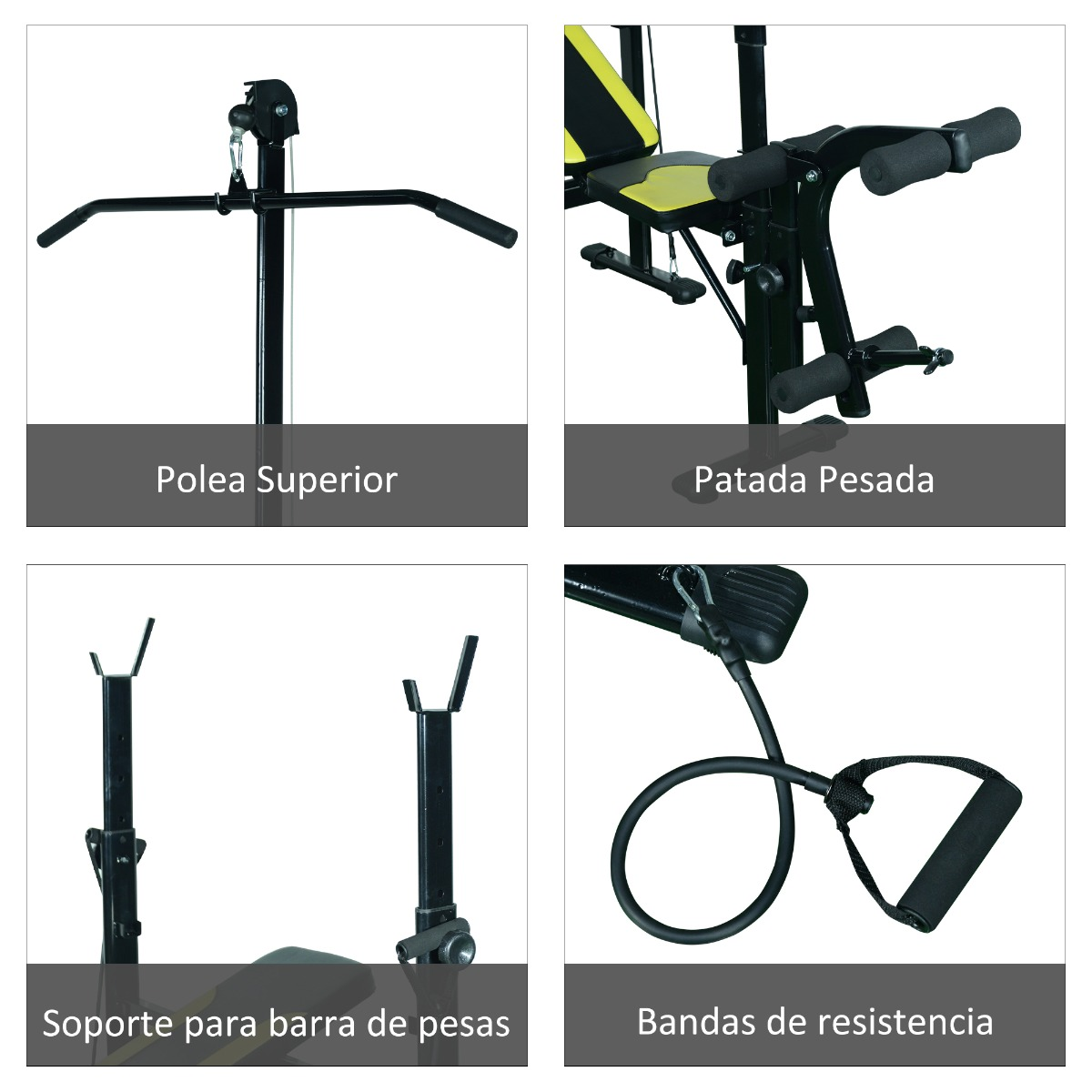 Equipo de levantamiento de pesas con varias características.