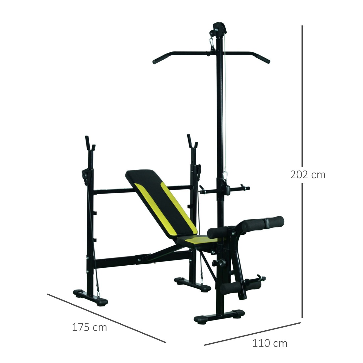 Banco de gimnasio negro y amarillo con accesorios. Incluye dimensiones: 175cm x 202cm x 110cm.