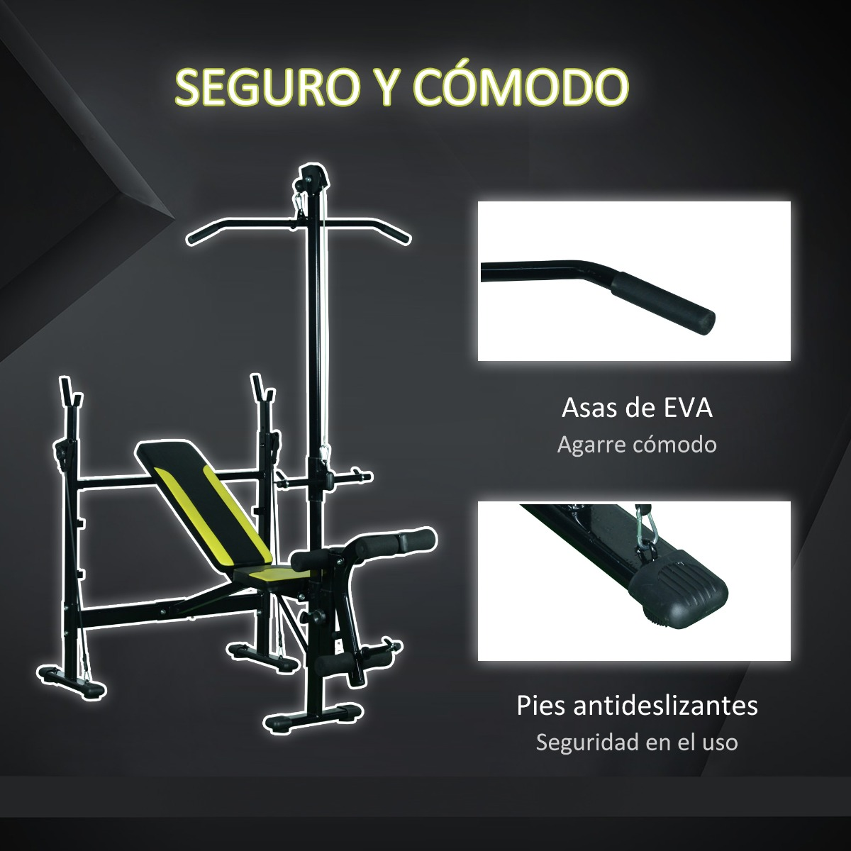 Equipo de gimnasio, banco, barra y prensa de piernas con características de seguridad, sobre fondo negro.