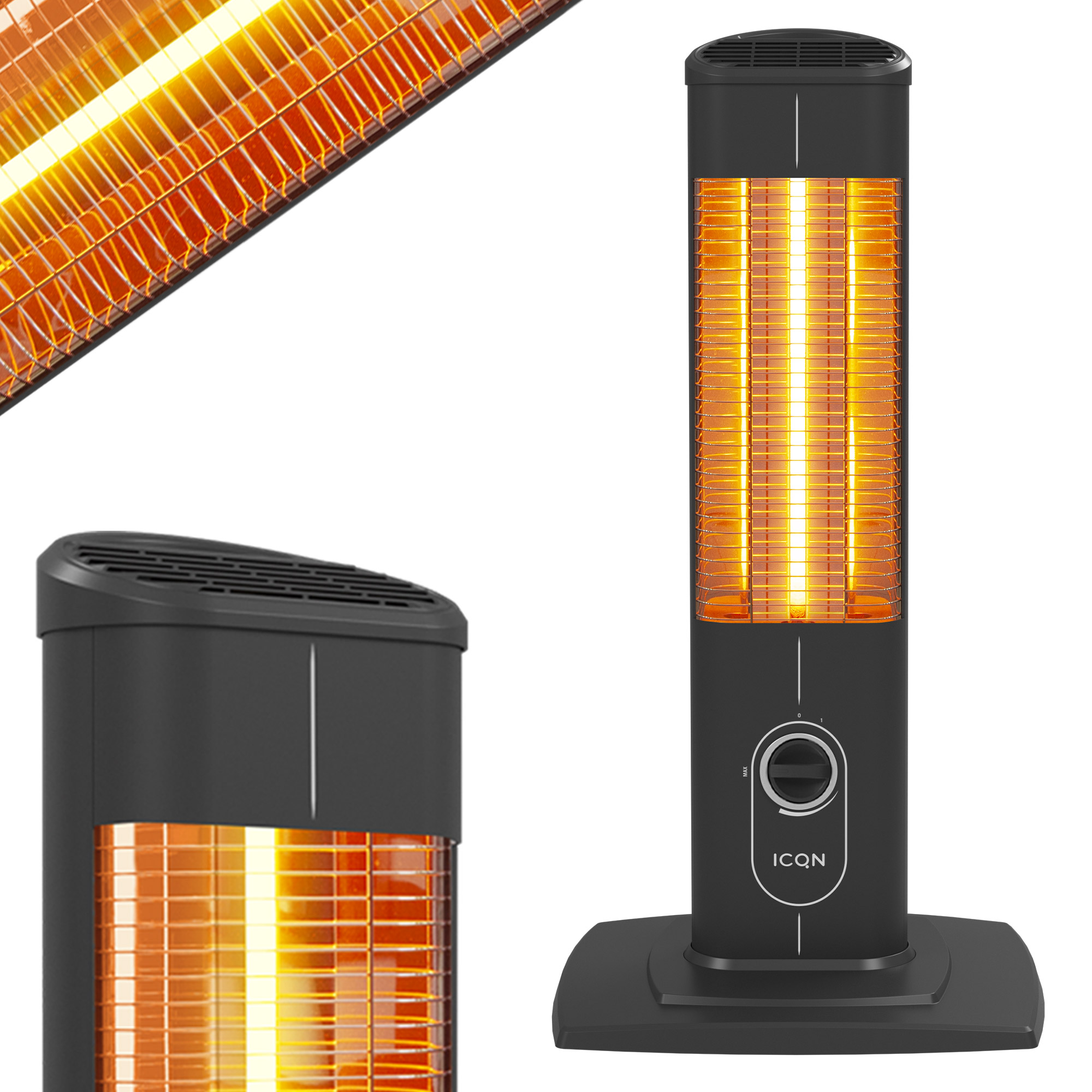 Schwarzer Elektroheizkörper mit vertikalem Design und orangefarbenem Glühen.