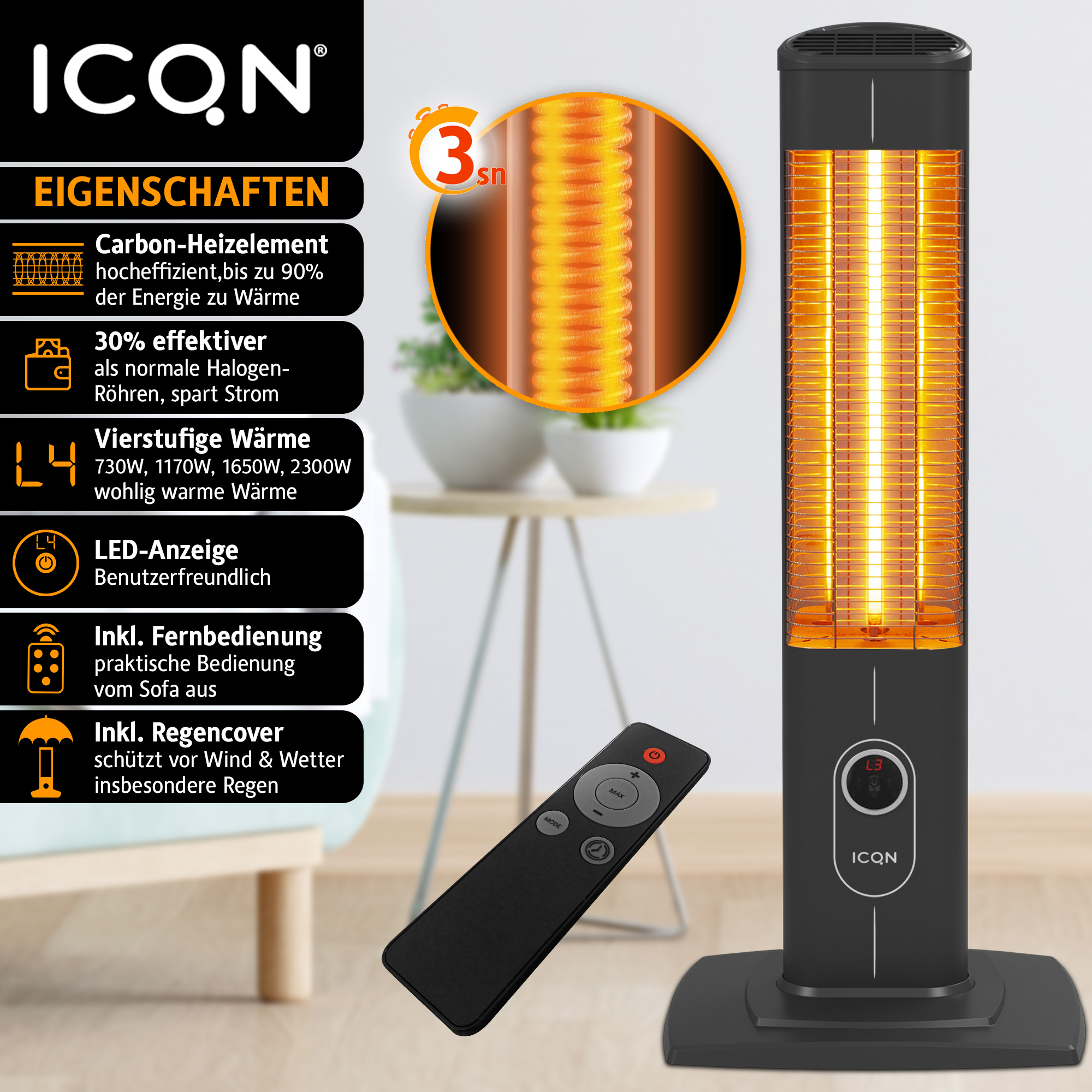 Schwarze Heizung mit orangefarbenem Glühen und Details zu Funktionen, Fernbedienung und Symbolen.