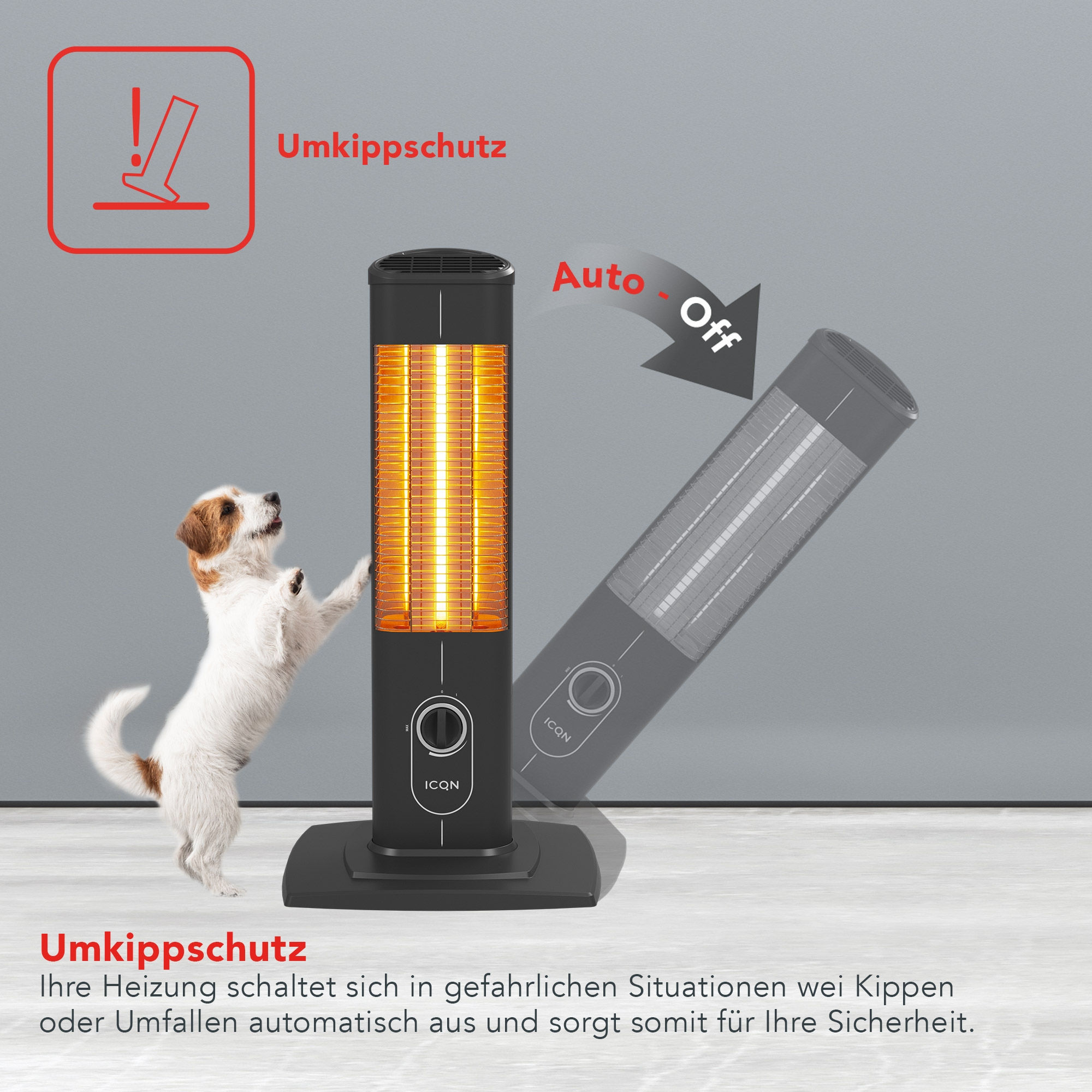 Ein schwarzer Heizkörper mit einem Hund. Er hat eine Auto-Off-Funktion.