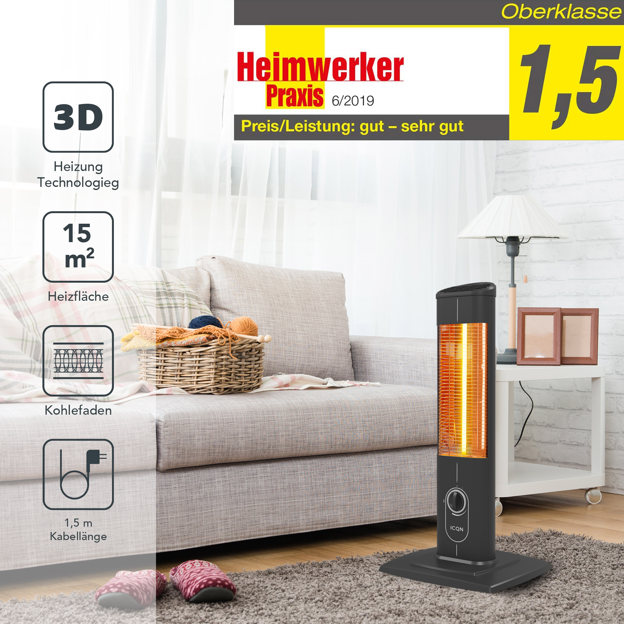 Ein elektrischer Heizlüfter mit Text und Symbolen. Der Hintergrund zeigt Teppich und Möbel.