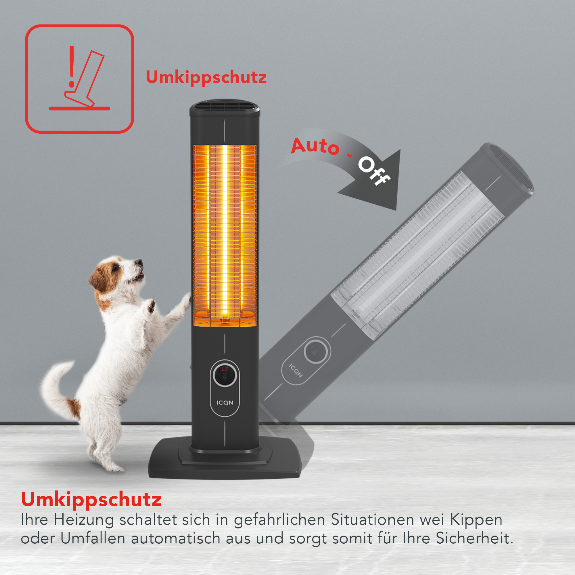 Schwarzer Heizlüfter mit Hund. Auto-Off und Kippschutz Text.