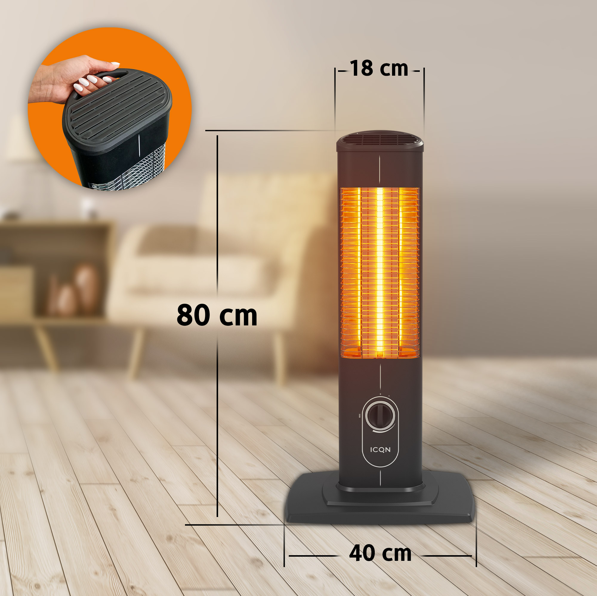 Ein schwarzer Elektroheizer mit glühendem orangefarbenen Heizelement. Abmessungen sind beschriftet: 80cm Höhe, 40cm Breite.