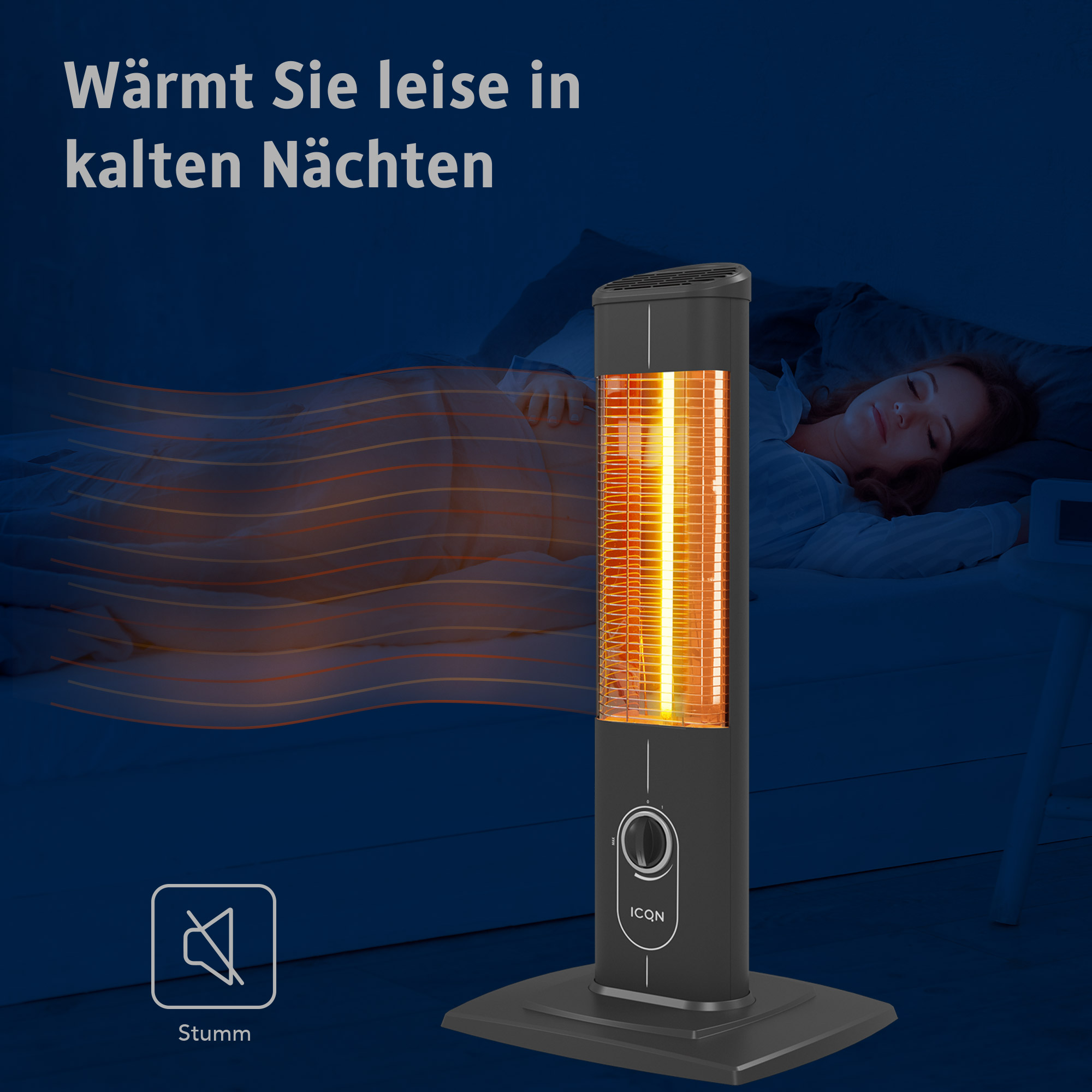 Ein elektrischer Heizstrahler mit einer Frau im Bett. Es hat einen schwarzen Körper und ein leuchtendes Panel.