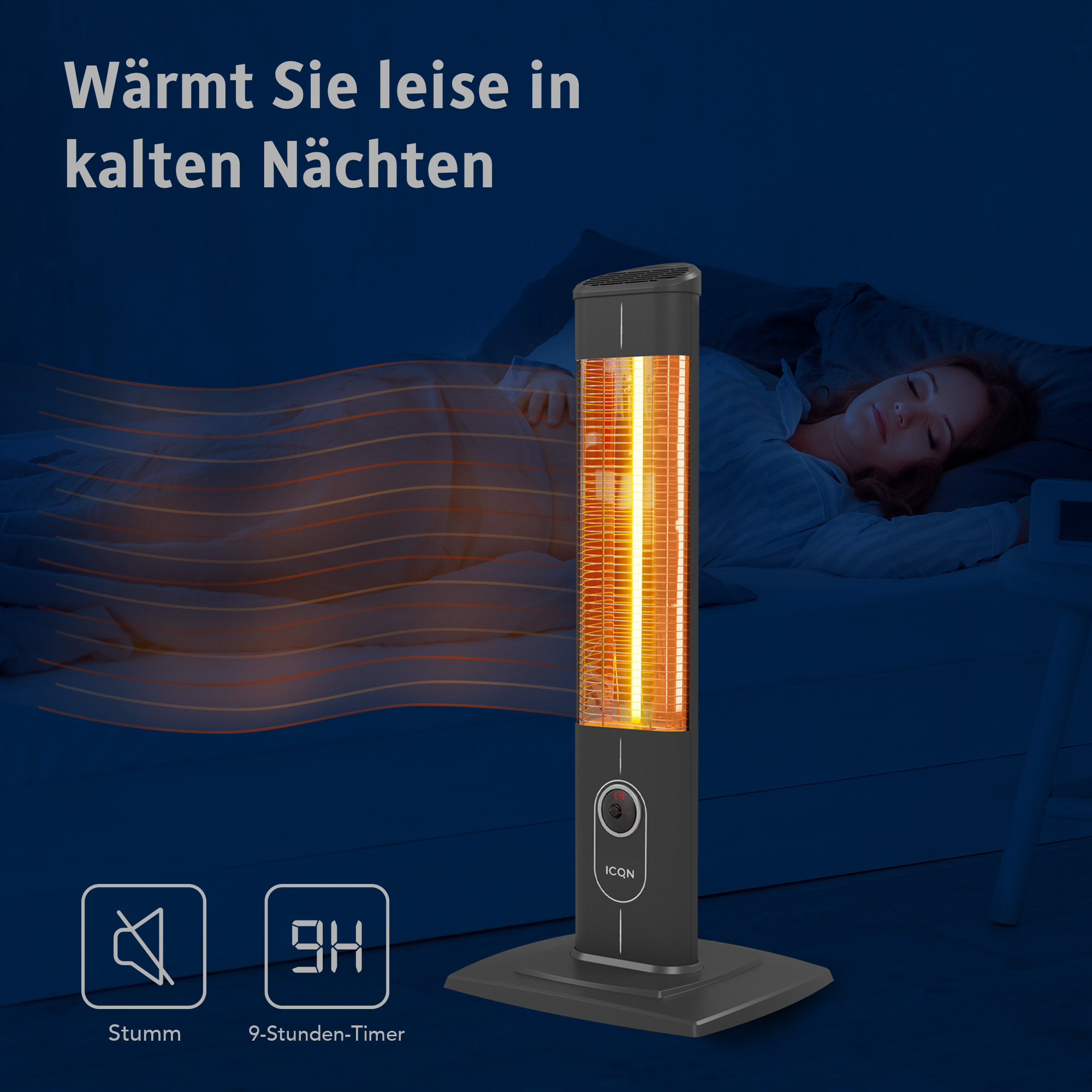 Eine Frau im Bett mit einem Heizgerät. Orangefarbenes Leuchten geht von dem Gerät aus.