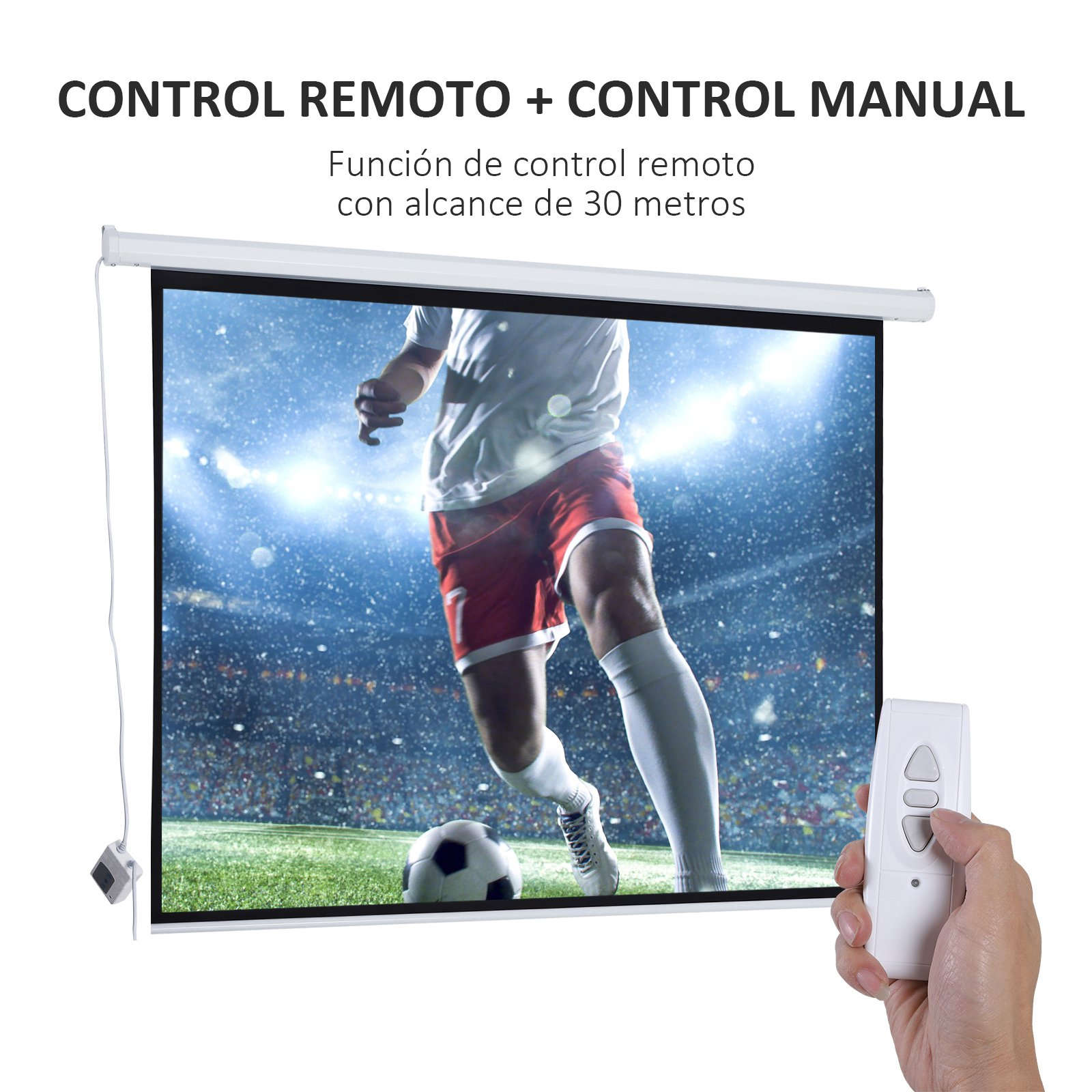 Una pantalla de proyector que muestra un partido de fútbol, con una persona sosteniendo un mando a distancia.