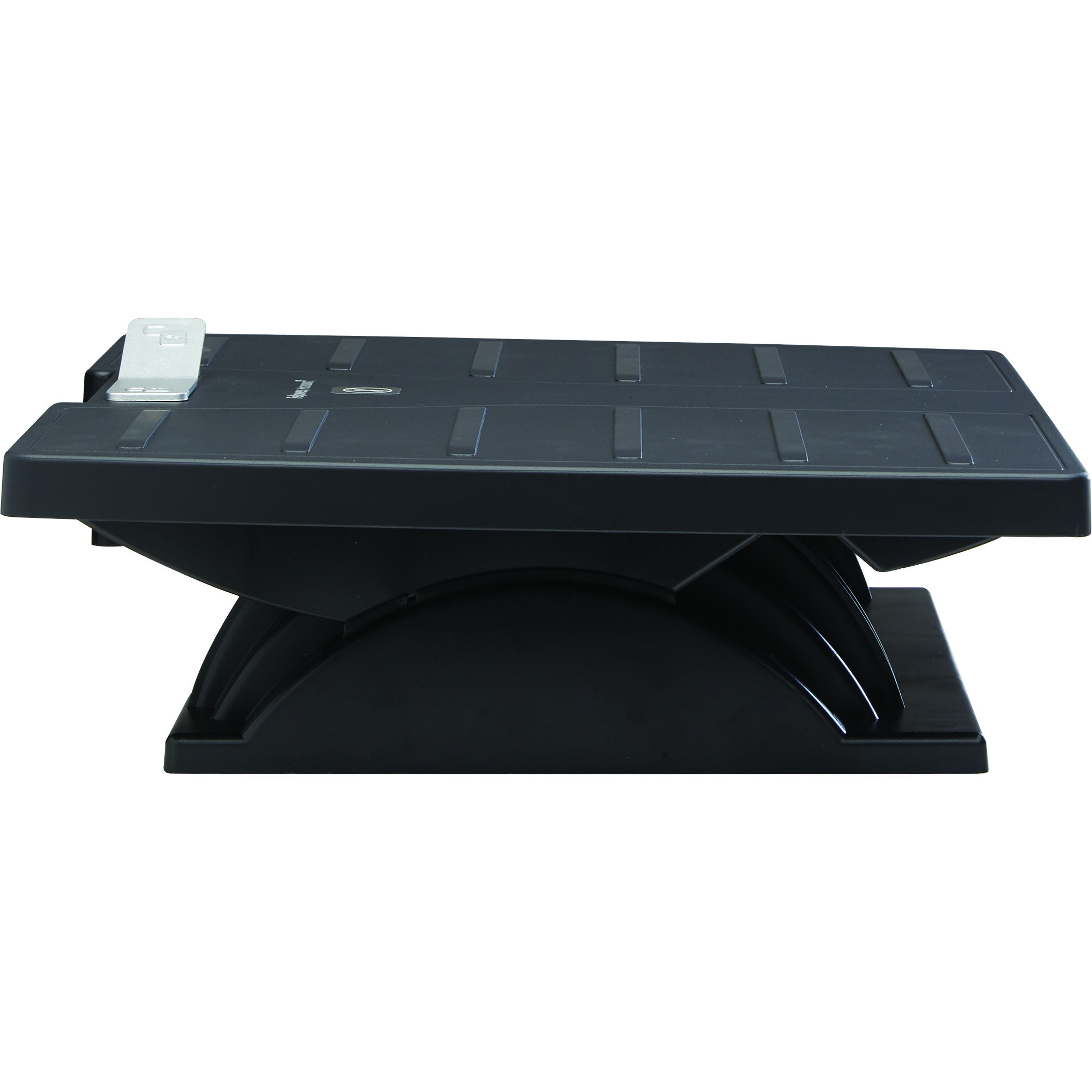 Poggiapiedi nero con altezza regolabile. Ha una piattaforma e una base curva.