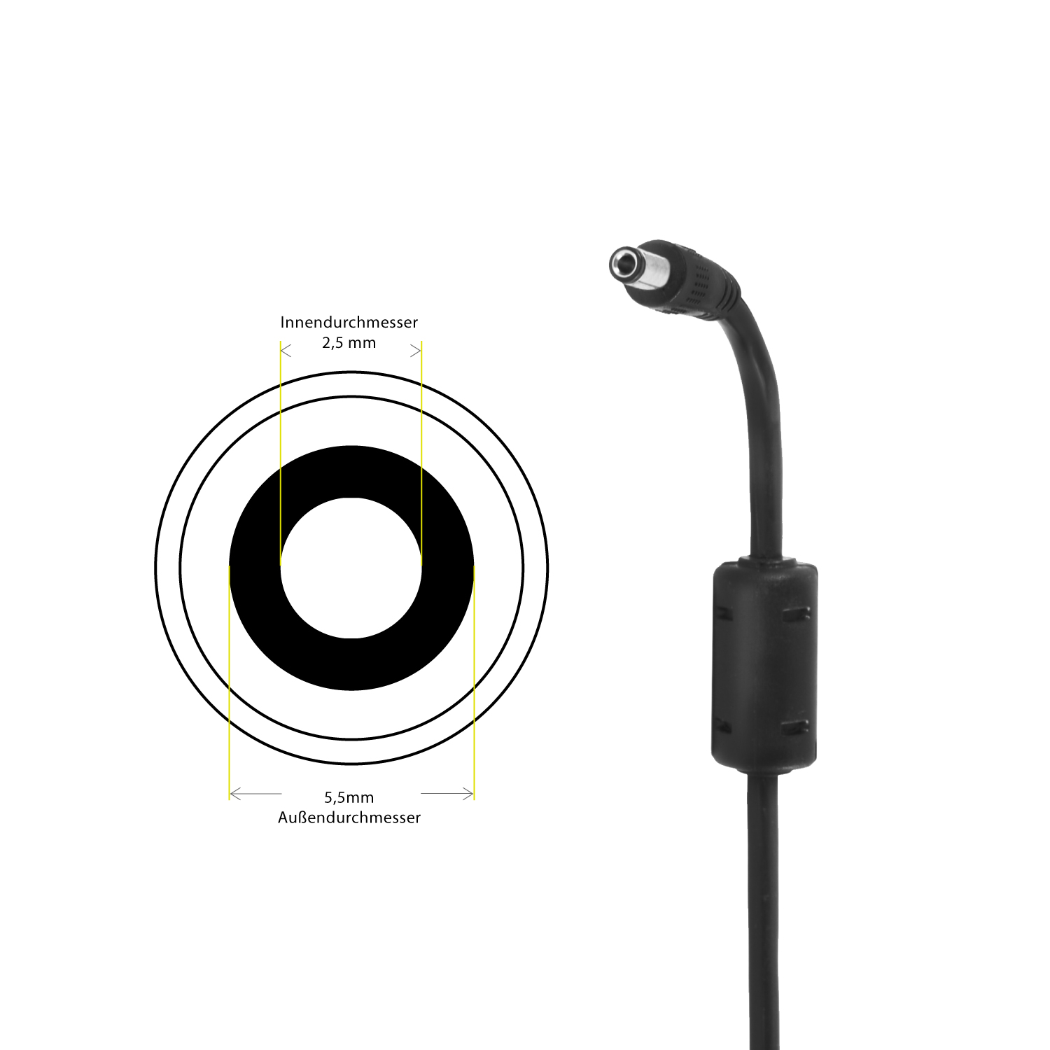 Nahaufnahme eines Netzteilekabels mit einer Diagramm, das Abmessungen zeigt.