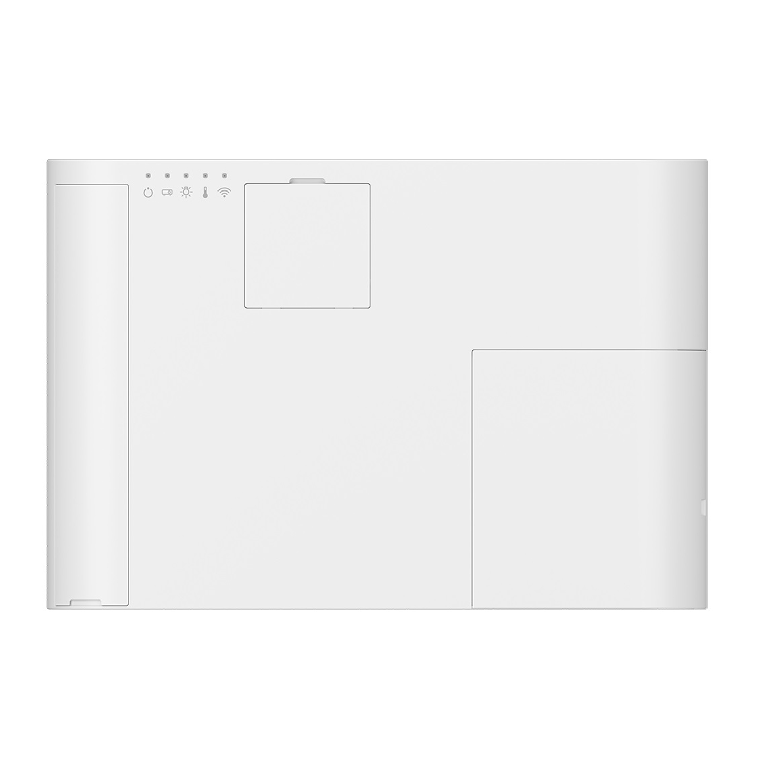 Dispositivo rettangolare bianco con spie luminose e un'area incassata.