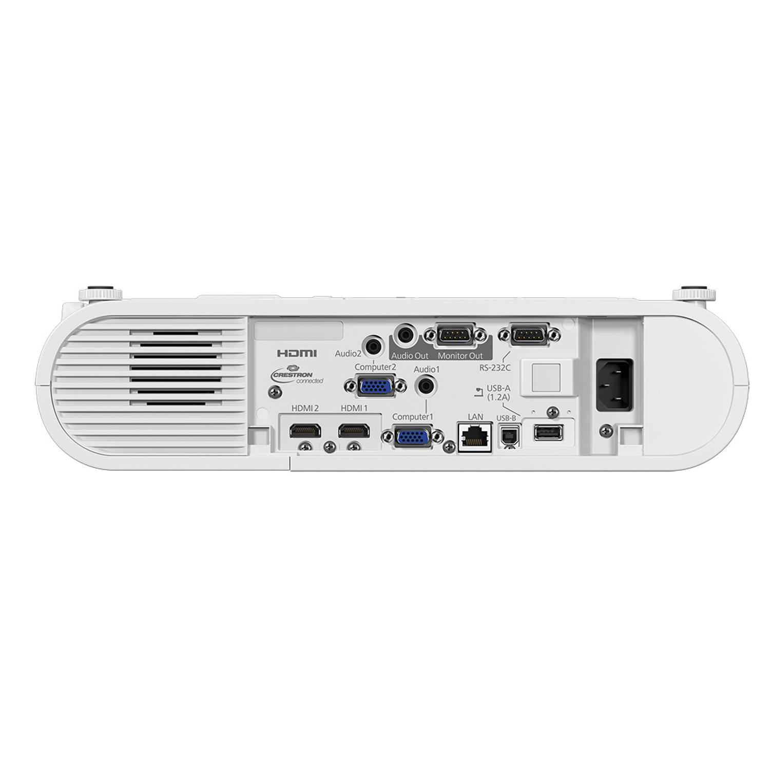 Retro di un proiettore bianco con porte di connessione.