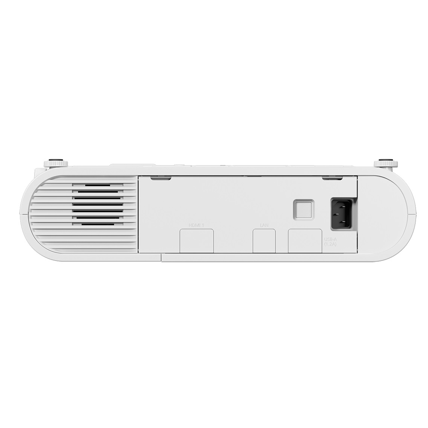 Proiettore bianco con porte HDMI, LAN e ingresso alimentazione.