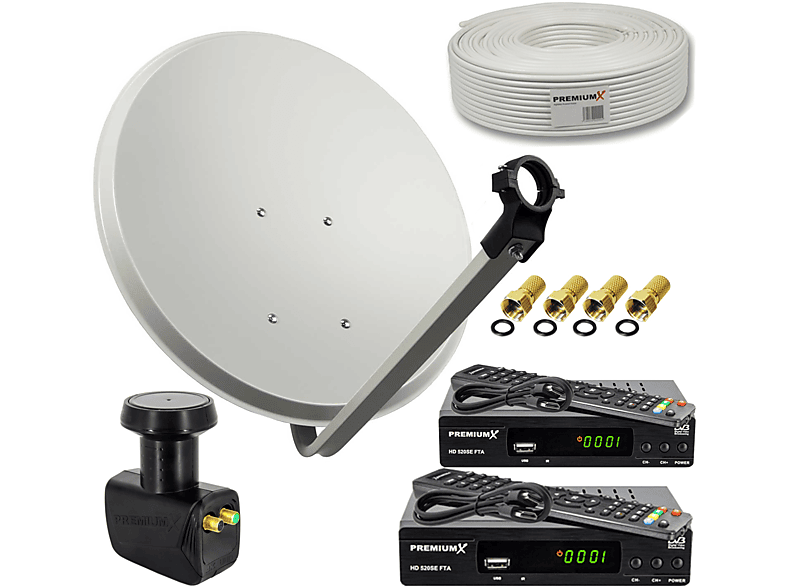 PREMIUMX SAT Anlage 60cm Antenne Twin LNB 25m Kabel 2x HDTV Receiver