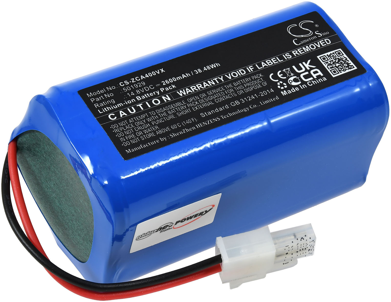 Ein blauer zylindrischer Akku mit Stecker und Etiketten.