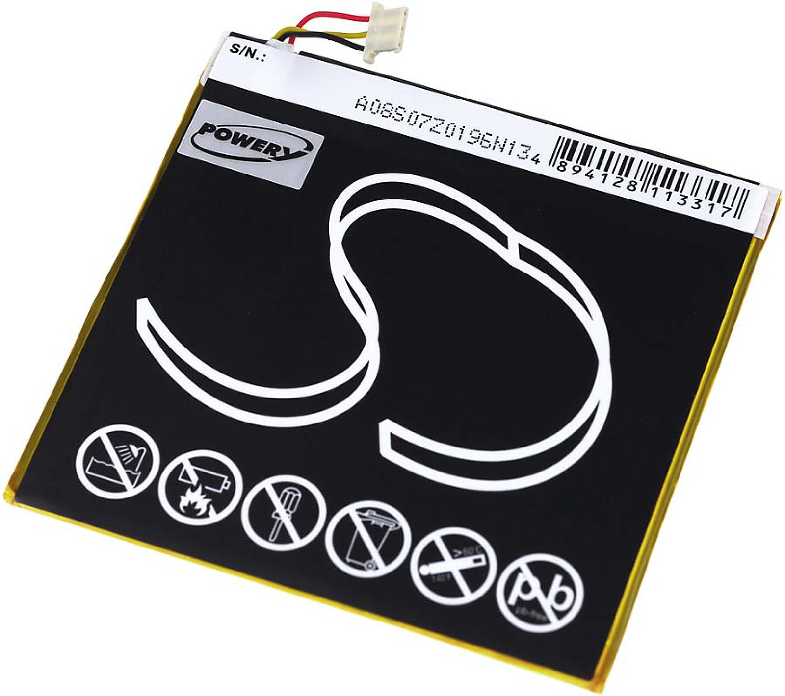 Batería negra con texto blanco, símbolos y un conector blanco con cables.