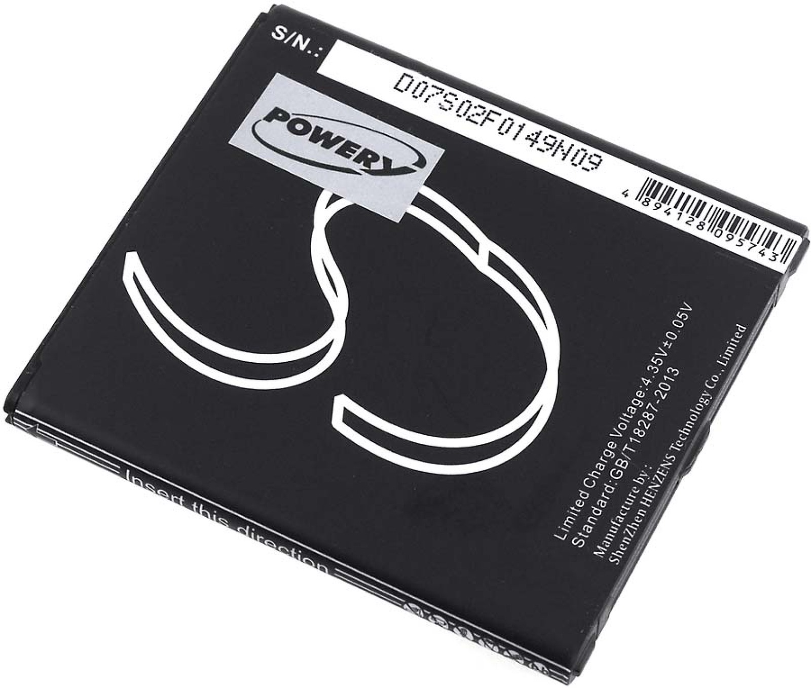 Una batería negra y plateada, con el contorno blanco de la marca 'Powery'.